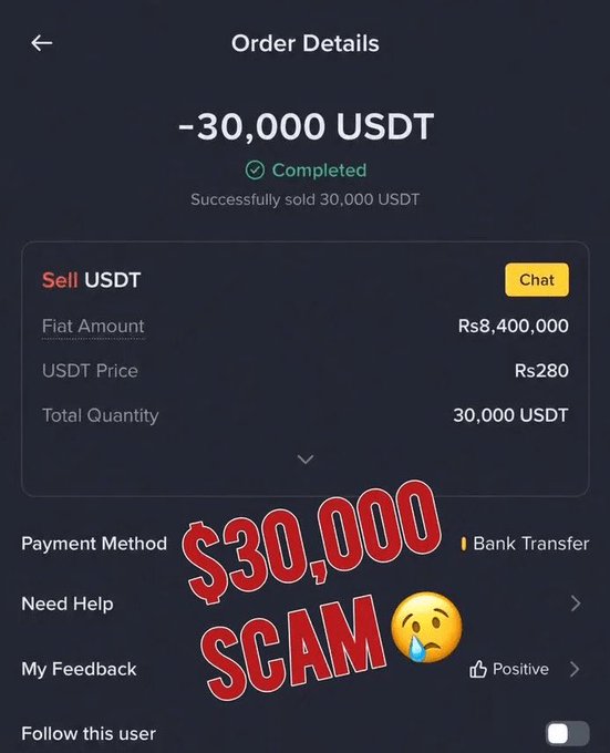 A crypto order details screen showing a completed sale of 30,000 USDT for Rs8,400,000 via Bank Transfer, overlaid with red text declaring '$30,000 SCAM' and a crying emoji.