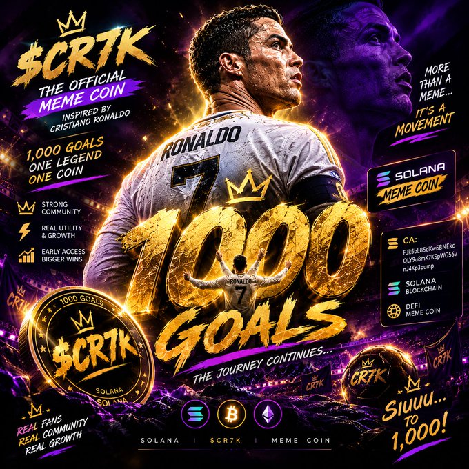 A bold promotional graphic for the $CR7K Solana meme coin, inspired by Cristiano Ronaldo, features his image in a Juventus-style "RONALDO 7" jersey celebrating his "1,000 GOALS" milestone, alongside text such as "THE OFFICIAL MEME COIN," "1,000 GOALS ONE LEGEND ONE COIN," "MORE THAN A MEME... IT'S A MOVEMENT," and ticker details including "$CR7K SOLANA MEME COIN," "SIUUUU... TO 1,000!," and "THE JOURNEY CONTINUES..."—directly mirroring the post's message about rallying a community around the legend's record-breaking 1,000-goal pursuit.