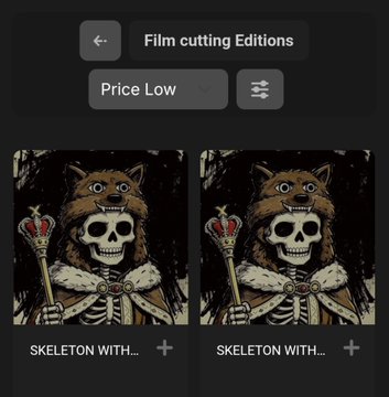A mobile app screen titled 'Film cutting Editions' showing two identical NFT thumbnails of a skeleton wearing a fur hood and holding a scepter.