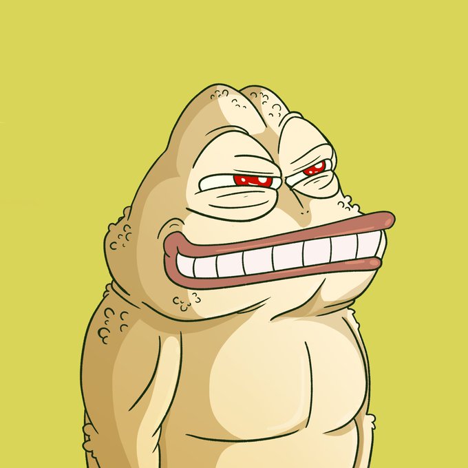 A cartoonish beige creature with a wide grin, red eyes, and bumpy textured skin grins mischievously against a bright yellow background. The absurd, meme-like character embodies the post's "ridiculous" theme, pairing goofy art with a serious call-to-action to mint a NFT at somethingridiculous.fun.