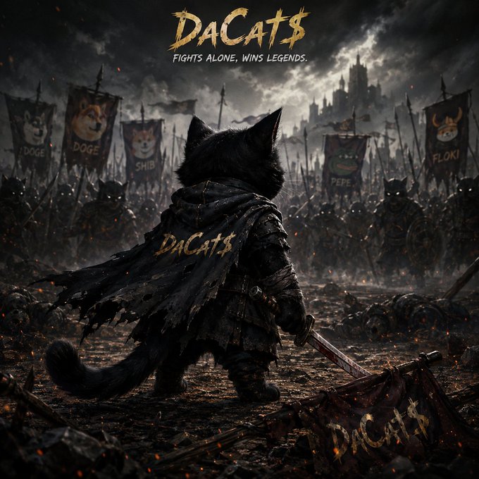 A lone armored black cat warrior stands defiant on a battlefield, holding a sword, with banners of rival meme coins (DOGE, SHIB, FLOKI, PEPE) flying behind an opposing army in the distance. The image is branded "DaCat$" with the tagline "FIGHTS ALONE, WINS LEGENDS," visually reinforcing the post's theme of a solitary feline champion facing the meme coin army alone.