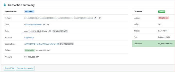 A transaction summary showing a successful 50,000,000 XRP payment from Ripple (S1) to the tagged destination r4fVLNt5QTIFoelowVJRovtTJrJ2qNRf, with a tiny fee of 0.00015 XRP, supporting the post's claim of a large XRP transfer.