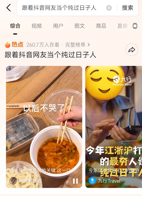 A Chinese TikTok (抖音) search result page for '跟着抖音网友当个纯过日子人' (Following TikTok netizens to live a simple life), showing a hotspot trending video with 260.7万 viewers featuring food clips and a smiley emoji overlay.