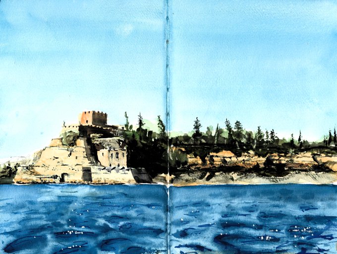 A watercolor painting depicting a coastal landscape with a stone building/tower on a rocky shore, trees, and a large expanse of blue water in the foreground.