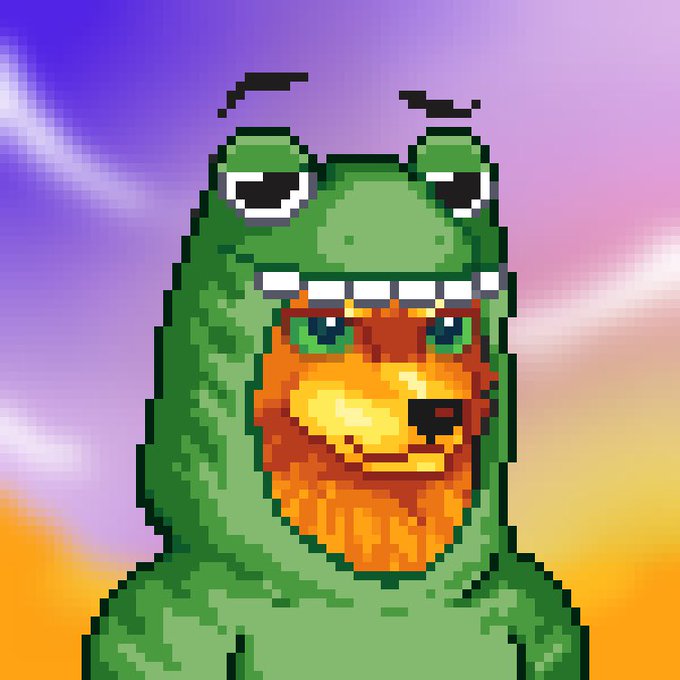 A pixel art portrait of an orange figure wearing a green frog-like hood, set against a gradient purple, pink, and yellow sky.