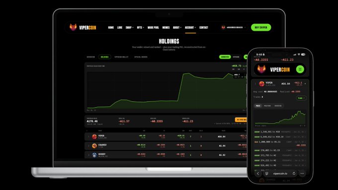 A laptop and smartphone display the VIPERCOIN crypto dashboard, showing a 'HOLDINGS' chart and a list of cryptocurrencies including POTS, CSANDY, and HUSDT.
