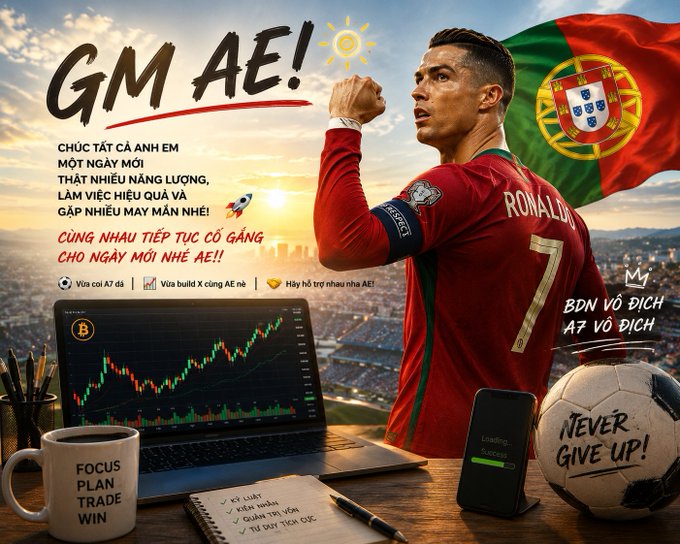 A motivational graphic features Cristiano Ronaldo in a Portugal jersey with the Portuguese flag, text 'GM AE!' and 'BĐN VÔ ĐỊCH A7 VÔ ĐỊCH', alongside a trading chart, coffee mug, and 'NEVER GIVE UP!' soccer ball.