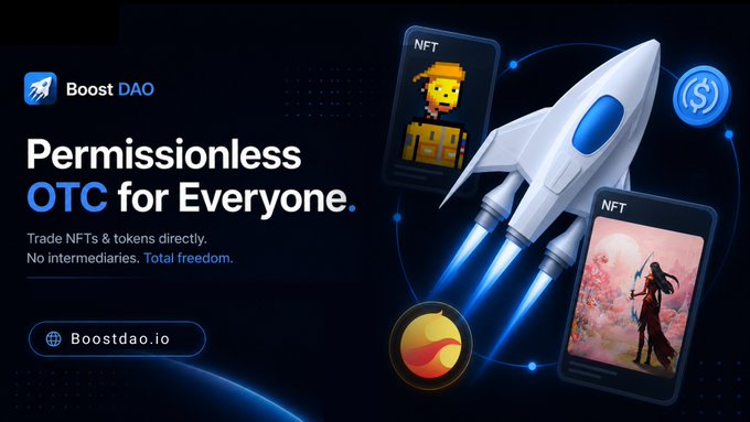 An advertisement for 'Boost DAO' promoting 'Permissionless OTC for Everyone' with the tagline 'Trade NFTs & tokens directly. No intermediaries. Total freedom.' and website 'Boostdao.io', featuring a rocket and NFT cards.