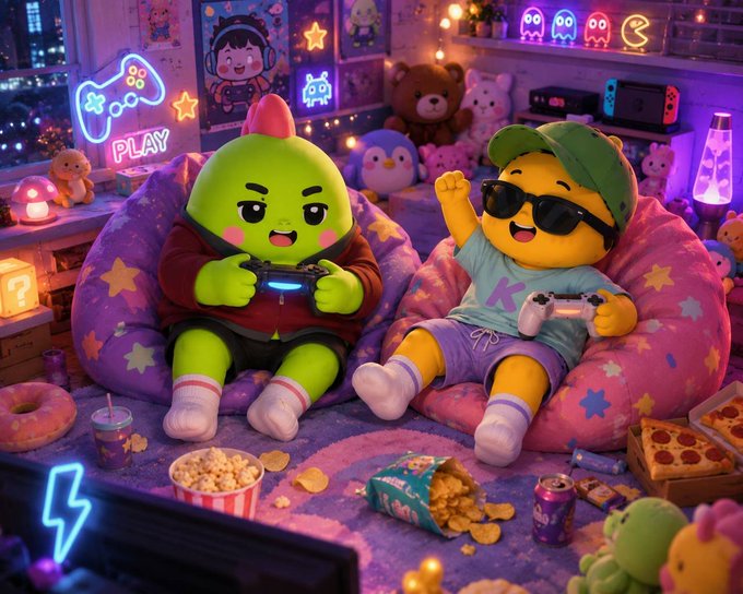 A digital illustration depicts two cute cartoon characters, one green dinosaur-like and one yellow, playing video games in a colorful, neon-lit room filled with bean bags, snacks, and gaming decor featuring a 'PLAY' neon sign.