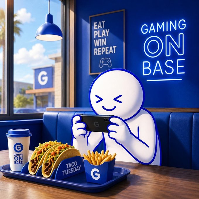 The image features a cartoon character sitting at a dining table with two trays of food, including tacos and fries. The character appears to be enjoying their meal while playing video games using a Nintendo Wii controller. The background shows a blue wall with a neon sign that reads "Eat Play Win Repeat", which is related to the gaming company Base.