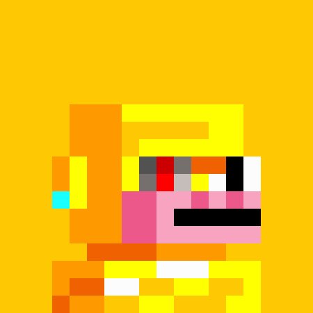 A pixel art illustration of a yellow character with pink cheeks, brown eyes, and a small turquoise earring against a yellow background.