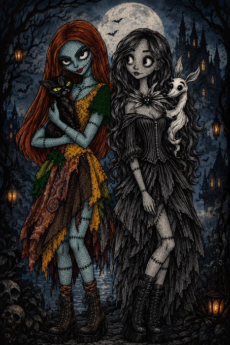 An eerie, dark fantasy artwork of two doll-like figures with stitches standing against a moonlit, gothic background; one holds a black cat while the other holds a white creature.