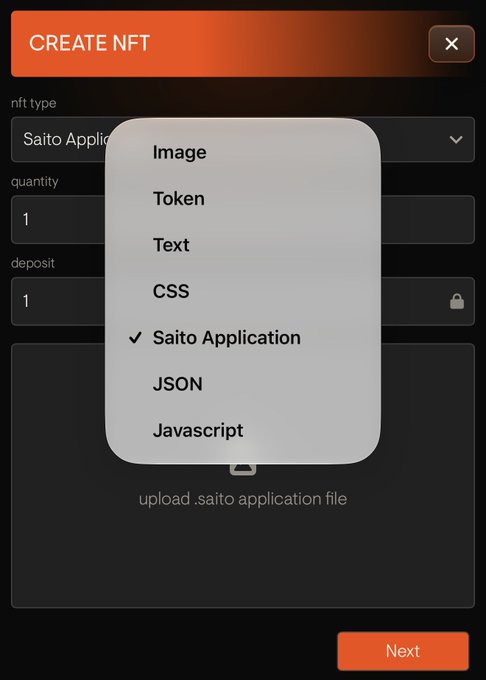 A mobile interface for creating an NFT, with a dropdown menu showing options like Image, Token, Text, CSS, Saito Application, JSON, and Javascript, currently set to upload a Saito Application file.