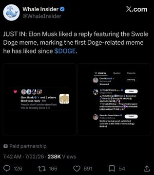 A screenshot of a tweet from @WhaleInsider about Elon Musk liking a Swole Doge meme reply, marking the first Doge-related meme he liked since $DOGE.