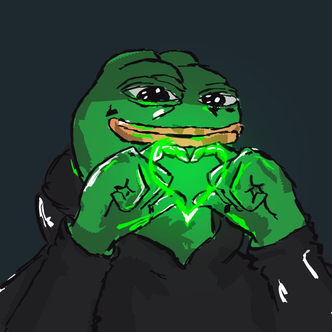 A digital illustration of a green Pepe the Frog-style character with muscular arms, wearing a black outfit, holding its hands together to form a glowing green heart shape against a dark gray background.