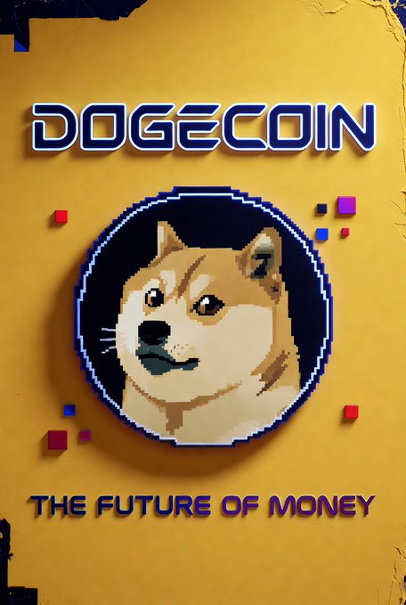 A stylized graphic poster featuring a pixelated Shiba Inu with the text 'DOGECOIN' and 'THE FUTURE OF MONEY' on an orange background.