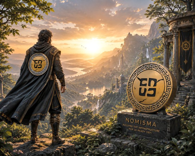 A fantasy-themed digital artwork showing a hooded figure overlooking a mountainous landscape at sunset, with a large golden coin displaying the 'NOMISMA' logo and text reading 'NOMISMA - BUILDING THE INFRASTRUCTURE FOR AI-READY DEFI'.