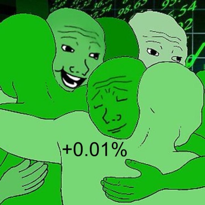 A green Wojak meme image showing multiple Wojak characters hugging, with '+0.01%' text and a stock chart in the background, depicting a minimal market gain.