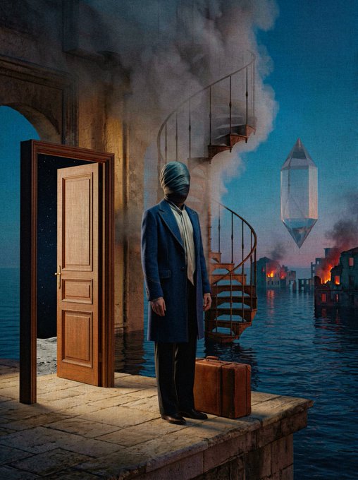 A surreal painting depicting a man with a bandaged head in a blue coat holding a suitcase, standing in a flooded room with an open door revealing space, a spiral staircase, and a floating crystal against a dark, burning background.