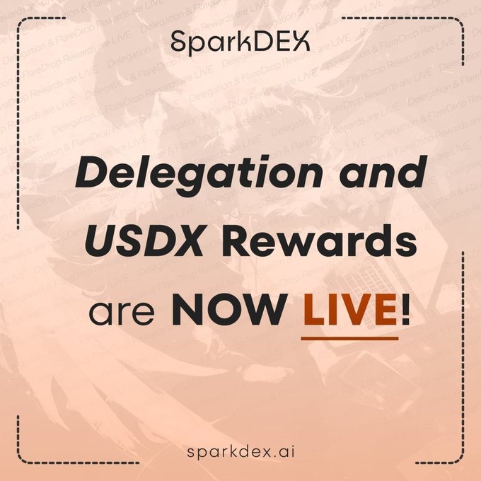 A SparkDEX promotional graphic announcing 'Delegation and USDX Rewards are NOW LIVE!' with sparkdex.ai at the bottom and repeating background text.