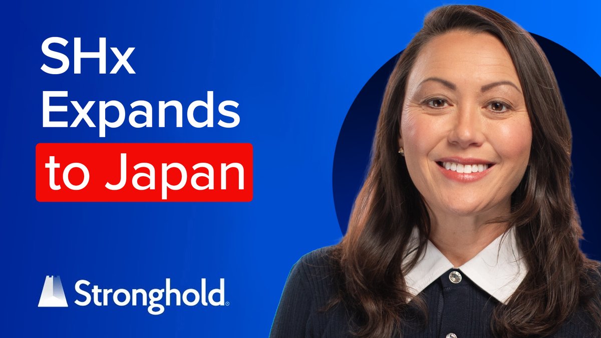 A promotional graphic for Stronghold featuring a woman on a blue background with text 'SHx Expands to Japan' and the Stronghold logo.