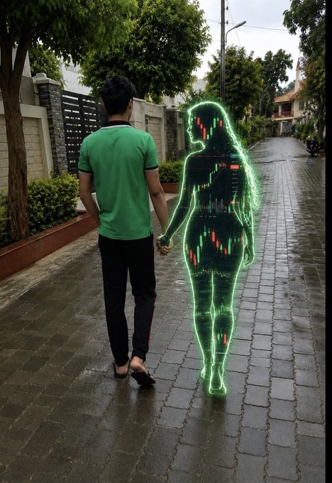 A man in a green polo shirt and black pants walks hand-in-hand down a wet paved street with a glowing, transparent green holographic female figure displaying candlestick charts.