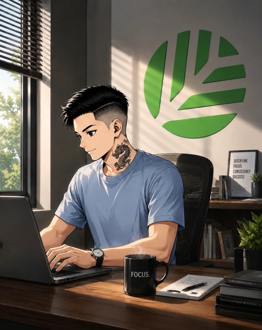 An anime-style illustration of a young man with a dragon tattoo working on a laptop at a desk, with a "FOCUS" mug and motivational signs reading "DISCIPLINE FOCUS CONSISTENCY SUCCESS." A stylized green tree/leaf logo on the wall represents Canopy's branding as the post describes Canopy's role in transforming AI-generated apps into on-chain Web3 assets.