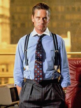 A man in a light blue dress shirt, polka dot tie, suspenders, and gray trousers stands confidently in what appears to be a 1980s-style office setting, evoking the iconic "Wall Street" aesthetic associated with finance and trading. The image's businessperson vibe loosely mirrors the post's mention of "trenches" and pushing projects past high market caps, suggesting a professional, high-stakes trading environment.