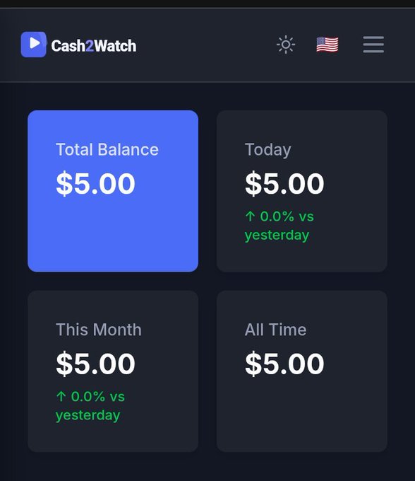 A screenshot of the 'Cash2Watch' app interface displays $5.00 as the Total Balance, Today's earnings, This Month's earnings, and All Time earnings.