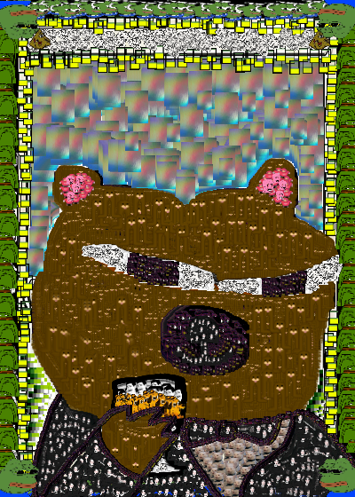 A surreal digital artwork depicting a brown teddy bear wearing a black studded jacket with a purple nose, set against a chaotic colorful background with green grass borders and decorative yellow trim.