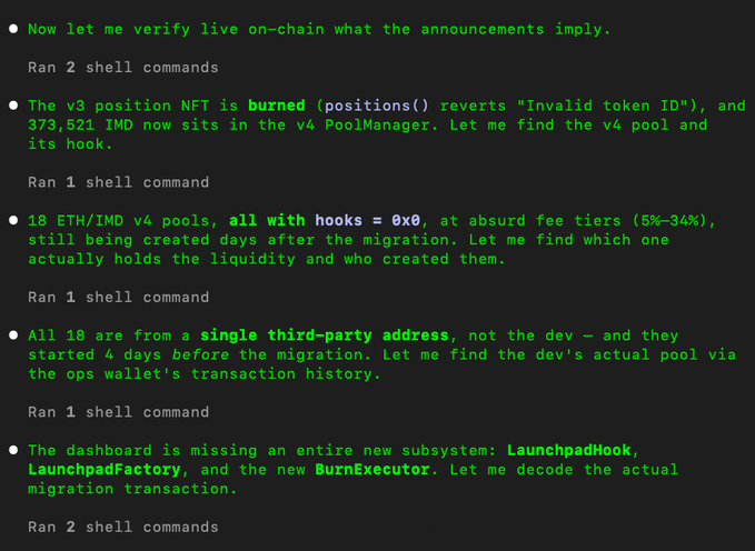 A terminal log showing on-chain verification work, referencing a burned v3 position NFT, 373,521 IMD now in v4 PoolManager, 18 ETH/IMD v4 pools created with 0x0 hooks, and new subsystems like LaunchpadHook and BurnExecutor.