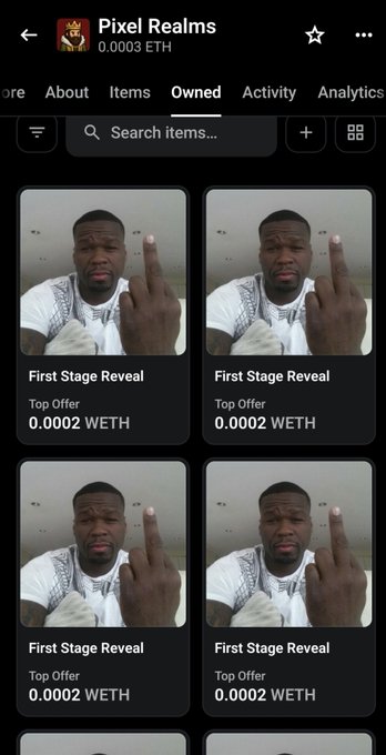 A screenshot of the OpenSea 'Pixel Realms' NFT collection page showing multiple identical 'First Stage Reveal' items priced at 0.0002 WETH, depicting a man in a white shirt gesturing with his middle finger.