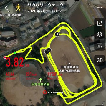 A screenshot of a running/fitness app showing a recovery walk ('リカバリーウォーク') GPS track, displaying 3.82 km, 201 kcal, 11:58/km pace, and dated 2026年7月21日.