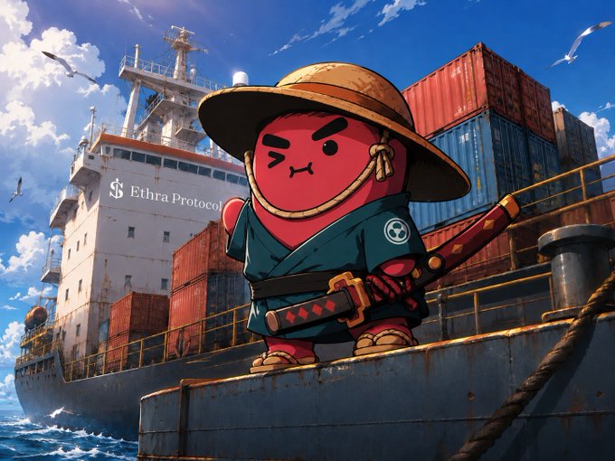 A chibi samurai character wearing a straw hat and wielding a katana stands on the deck of a cargo ship labeled "Etha Protocol," surrounded by stacked shipping containers under a bright blue sky. The anime-style warrior's defiant pose visually reinforces the post's theme of $SHIP resisting conventional RWA categorization as a revenue claim, presenting instead as something more self-contained and purposeful.