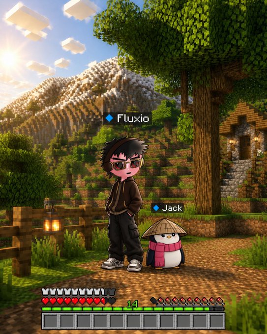 A Minecraft-style illustration featuring a character labeled 'Fluxio' standing next to a penguin named 'Jack' in a blocky landscape.