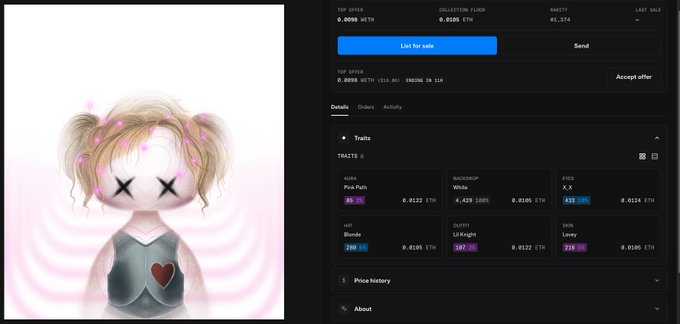 An NFT listing on a marketplace showing a stylized digital art piece of a girl with blonde pigtails, X-shaped eyes, and a heart on her chest, with traits including Pink Pads, White background, Lil Knight, and Blonde hair, priced at 0.0086 ETH.