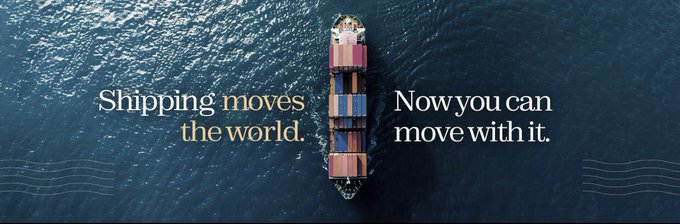 An aerial advertisement image showing a container ship on the ocean with the text 'Shipping moves the world. Now you can move with it.'