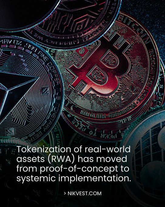 Close-up of physical Bitcoin and Ethereum cryptocurrency coins with overlaid text reading 'Tokenization of real-world assets (RWA) has moved from proof-of-concept to systemic implementation. > NIKVEST.COM'