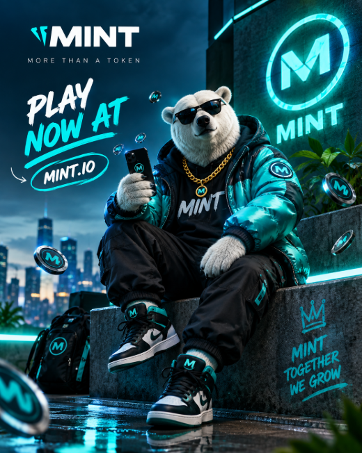 A promotional poster for MINT cryptocurrency features a cool bear mascot wearing sunglasses and streetwear, with text including 'PLAY NOW AT MINT.IO', 'MINT', and 'MINT TOGETHER WE GROW'.