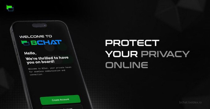 A promotional advertisement for BChat messaging app (bchat.beidx.io) showing a smartphone displaying 'Welcome to BChat' interface with green 'Create Account' button, against a dark background with tagline 'PROTECT YOUR PRIVACY ONLINE.'