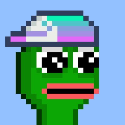 Pixel art image of Pepe the Frog wearing a colorful holographic cap, set against a blue background.