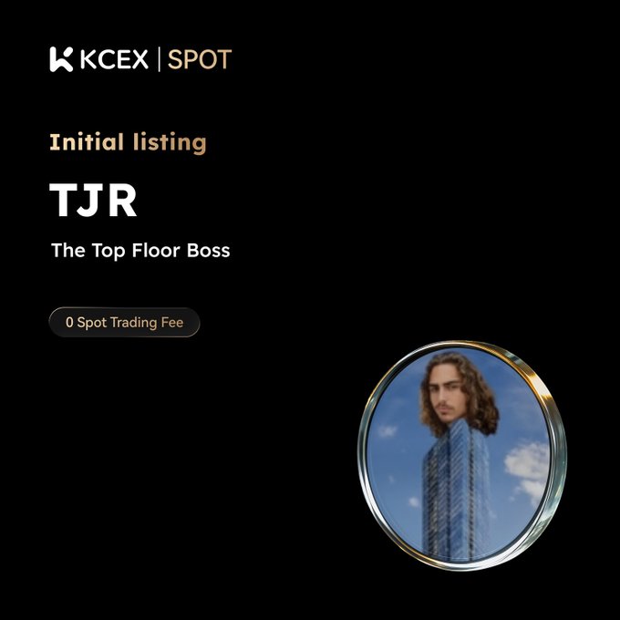 A promotional graphic for KCEX SPOT announcing the initial listing of token 'TJR' (The Top Floor Boss) with 0 Spot Trading Fee, featuring a circular mirror-like image reflecting a figure and skyscrapers.