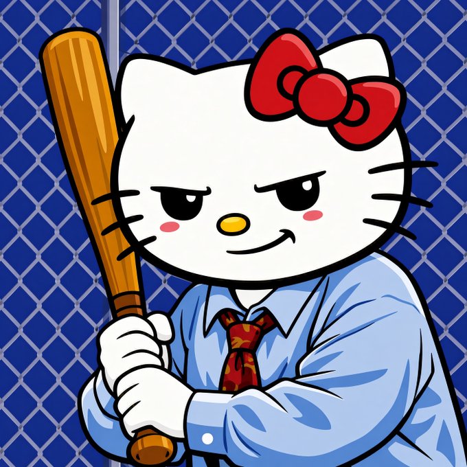 A cartoon illustration of Hello Kitty wearing a blue dress shirt and red tie, holding a wooden baseball bat with an angry expression against a chain-link fence background.