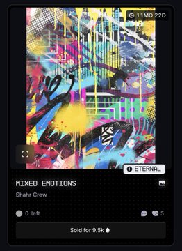 A digital trading card labeled 'MIXED EMOTIONS' by Shair Crew, with 11 MO 220 attributes and a price tag of 9.5k.