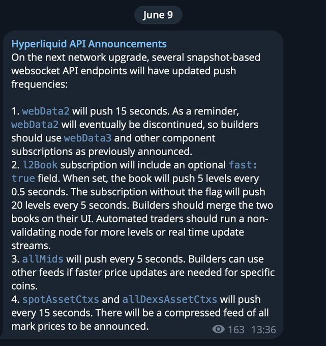 The image shows a text conversation between two people discussing Hyperliquid APIs. One person is typing out information about Hyperliquid's new API changes, while another reads the message out loud or listens through a chat window. The message appears to be informal and contains several bullet points explaining the changes, such as restricting every 10 seconds, normal l2book usage, assetCtx details, and providing push notifications with five levels of priority.