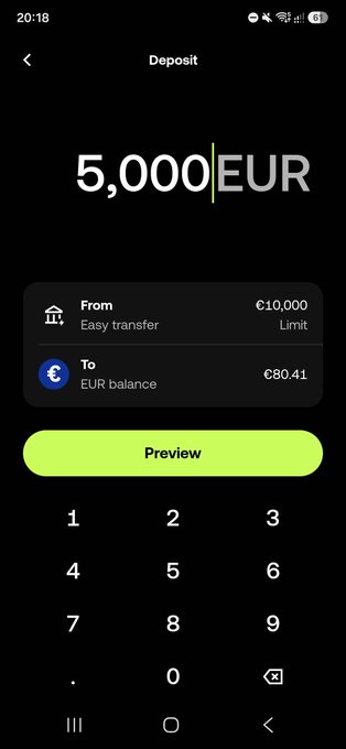 The image features a black smartphone screen displaying an app icon with a white "€" symbol at the bottom of the screen along with text that reads " Deposit from. From. Easy transaction. To.: C eur bank account: €10,000 EURO". The phone appears to be focused on this banking app, possibly for a deposit feature or user interface information. This image is related to a post discussing the deposit feature offered by a bank in Europe and how it works.