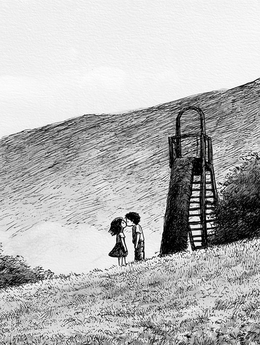 A black and white pen-and-ink style illustration of two children kissing in a grassy field, with a dark tower-like structure featuring a ladder nearby.