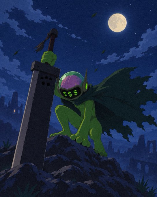 An illustration depicts a green humanoid figure with a transparent dome helmet showing a pink brain, dollar signs on its face, a cape, and a large sword set against a night sky with a full moon.