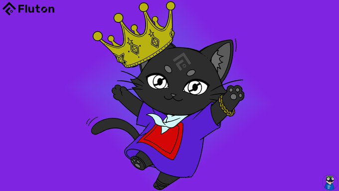 A Fluton brand mascot illustration featuring a black cat wearing a gold crown and purple robe against a purple background.