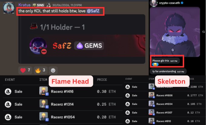 A screenshot of a Discord chat highlighting Racerz #1416 "Flame Head" selling at 0.30 ETH and Racerz #2288 "Skeleton" selling at 0.2288 ETH, alongside a user Kratus joking that crypto_czar_eth is "the only KOL that still holds btw, love @Safz," visually supporting the post's point about rare traits like Flame Head and Skeleton commanding premium prices while crypto_czar_eth pleads for a 1/1.